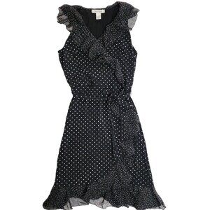 White House Black Market B&W Flutter V-Neck Wrap Look Polka Dot Dress Size 0